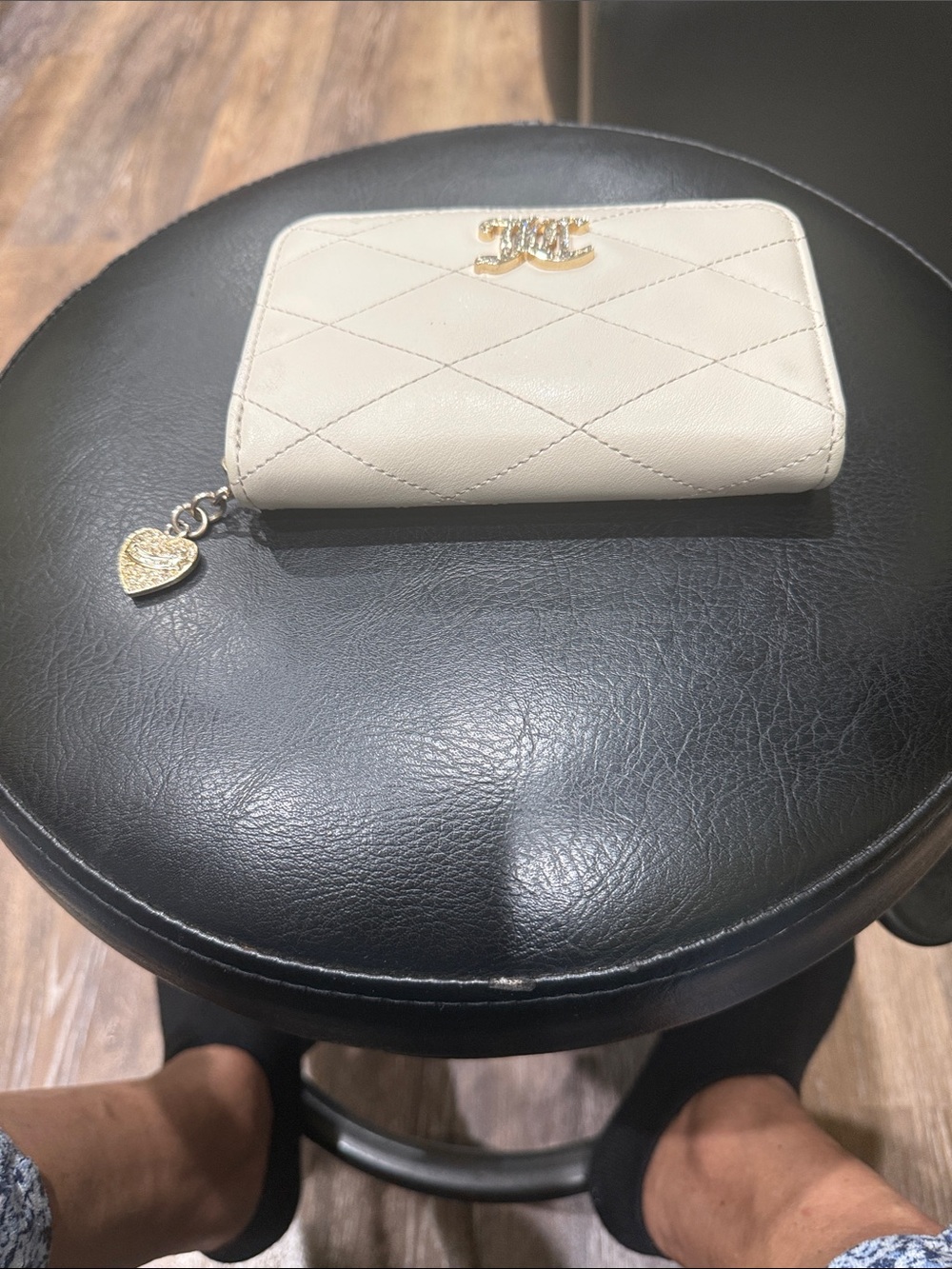 Juicy Couture Cream Quilted Zip-Around Wallet with Heart Charm